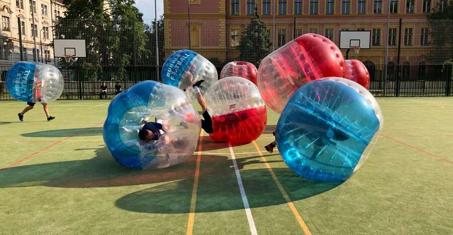 Prague: Bubbles football in city centre of Prague - Entering the huge brown gate: your Prague meet-up spot