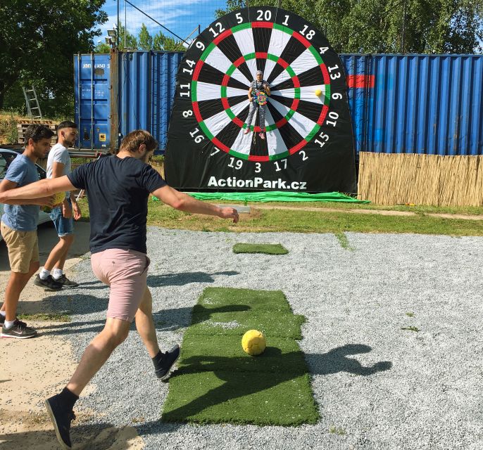 Prague : Giant Foot Darts and Giant Beer Pong Game - Giant beer pong: barrels, a football ball, and a different kind of aiming